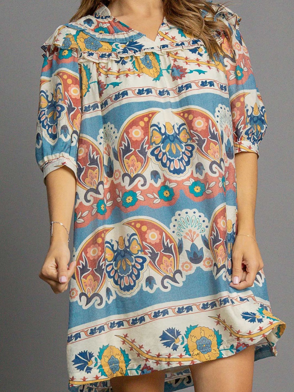 Umgee Boho Border Print Floral Shift Dress in Blue, Coral and Cream